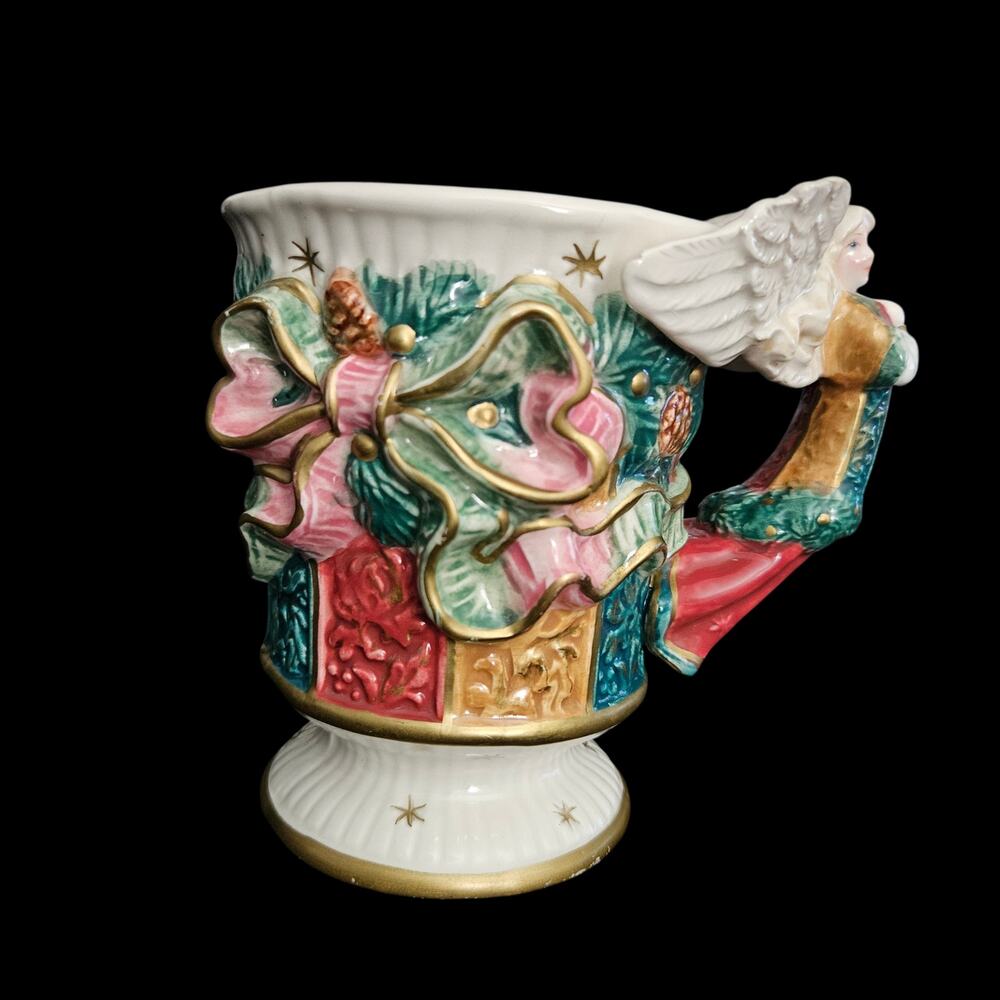 Fitz and Floyd Christmas Angel Mug Raised Relief Pine Cone Holly Ceramic